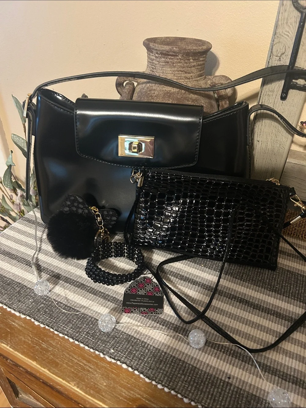 J. Crew Black Patent Shoulder Bag with Croc-Effect Pouch and Charms